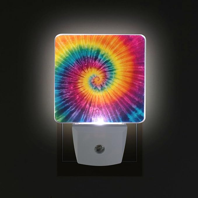 Aslsiy Night Light for Kids Bright Rainbow Spiral Tie Dye (2) Plug in Wall Lamp LED Dusk to Dawn Sensor Energy Saving Nightlight for Boys Girls Men Women