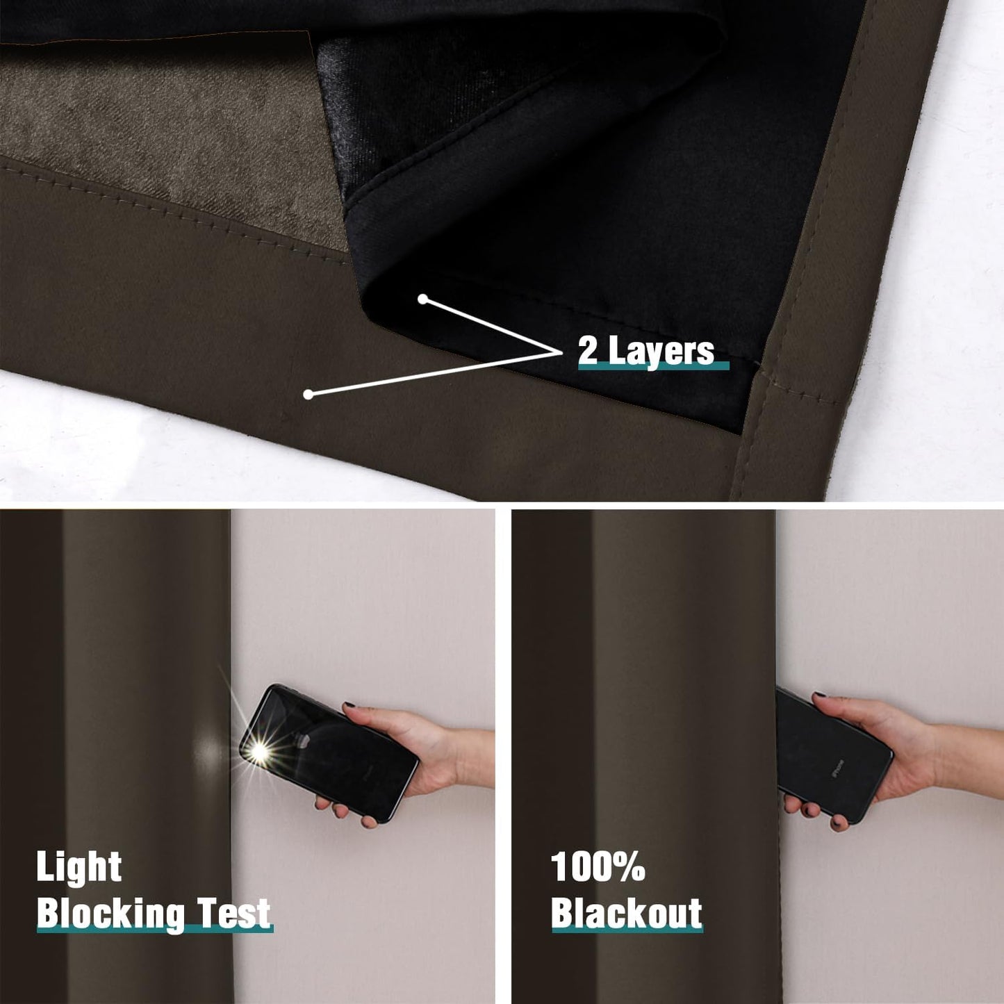 ChrisDowa 100% Blackout Curtains 78 inch Long for Bedroom with Black Liner, 2 Thick Layers Total Blackout Thermal Insulated Grommet Window Curtains 2 Panels Set (Brown, 42 x 78 Inch)