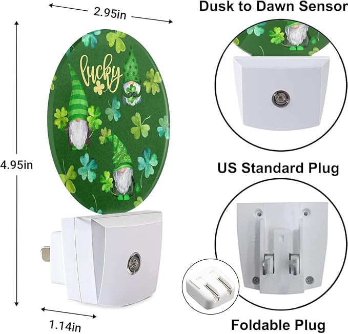 St Patrick Day Cute Gnomes Night Light Lucky Four Leaf Clover Green Night Lights Plug into Wall with Light Sensors Auto on/Off for Holiday Gifts for Boys Girls Women Teen