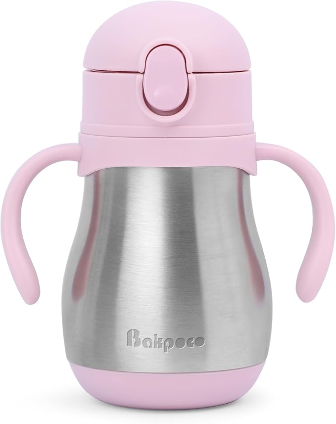 Stainless Steel Sippy Straw Cup for Toddlers 1-3 Years Old, Insulated Toddler Water Bottle Baby Training Tumbler with Handles, 8oz Kids Straw Cups for Travel, Daycare & At Home, Pink