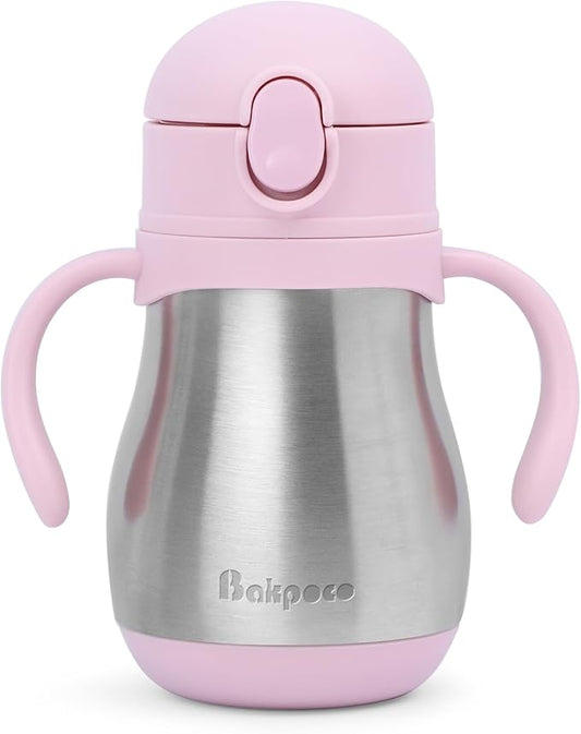 Stainless Steel Sippy Straw Cup for Toddlers 1-3 Years Old, Insulated Toddler Water Bottle Baby Training Tumbler with Handles, 8oz Kids Straw Cups for Travel, Daycare & At Home, Pink