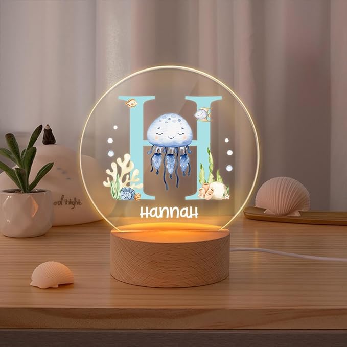 callie Acrylic Night Light Name Plate Personalized, Custom Cute Fox Deer Turtle Forest Animal with Wooden Base Bedroom Decor, Birthday Gifts Kid Gifts for Family (Animaux Marins)