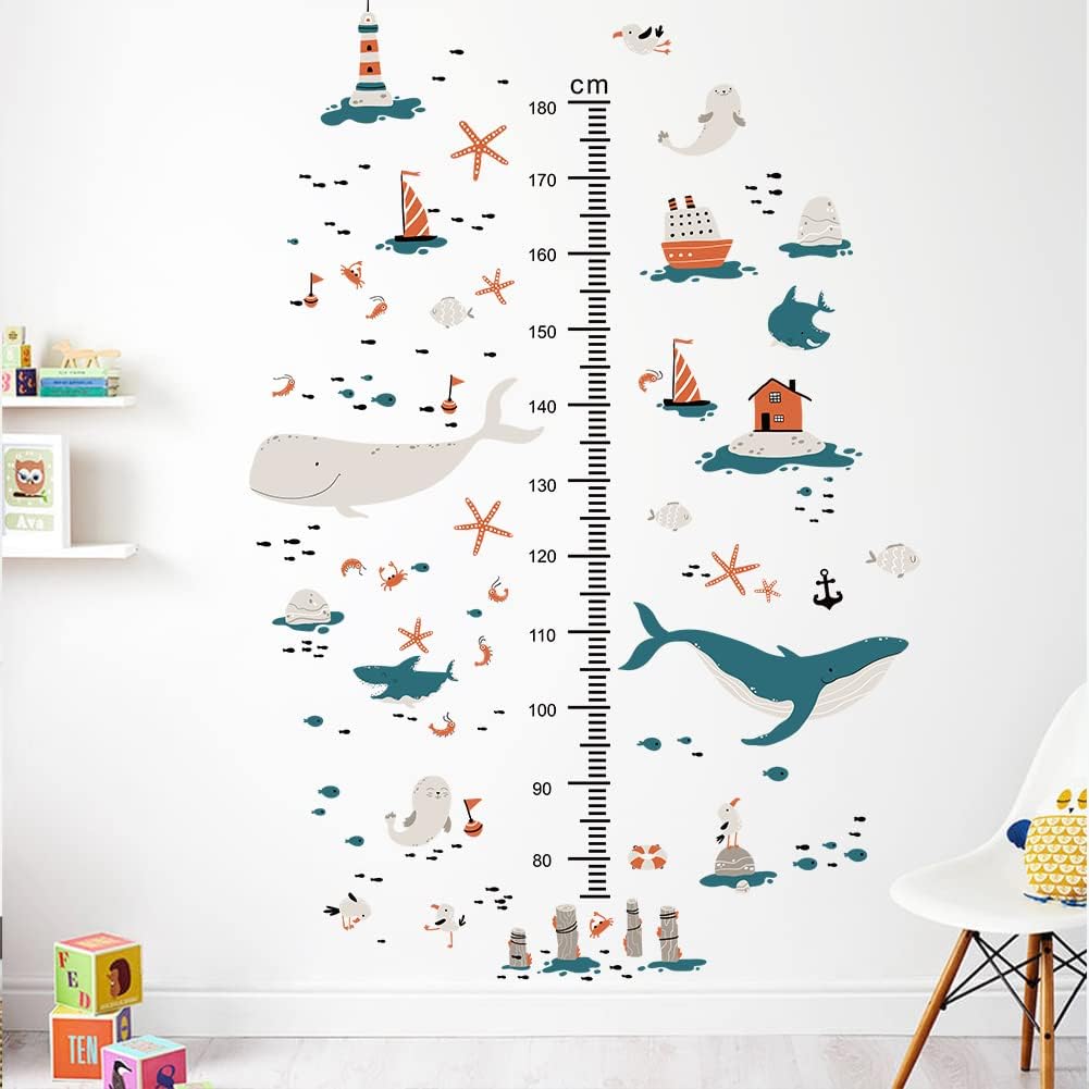3D Cartoon Height Growth Chart for Kids Wall Decal Removable DIY Whale Ocean Animal Wall Decal Peel and Stick Sailing House Art Decor for Kids Nursery Bedroom Living Room Bathroom Decor
