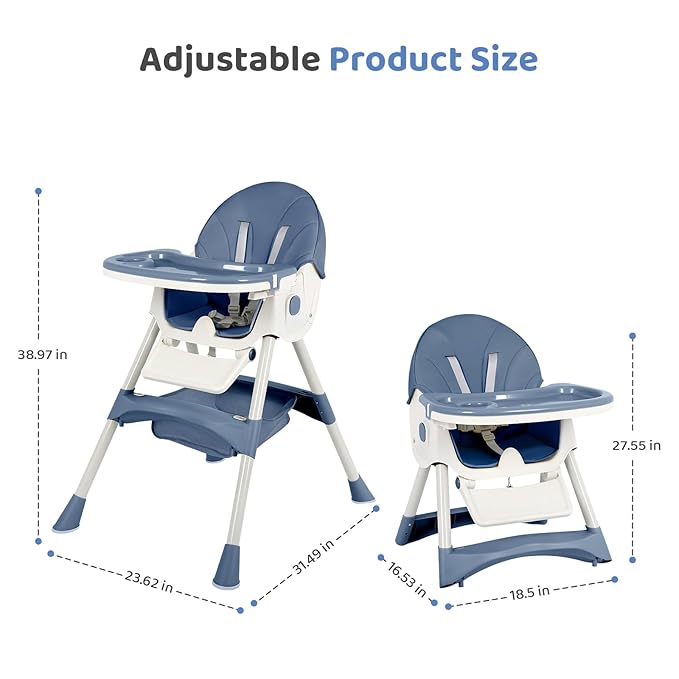 6-in-1 Foldable Baby High Chair for Babies & Toddlers – Adjustable Height & Recline, 5-Point Safety Harness, Removable Tray | Portable Highchair, Space-Saving & Easy Clean | Silla de Comer para Bebé