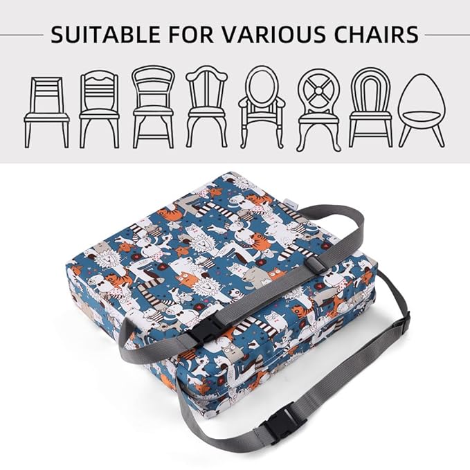 Zicac Portable Toddler Booster Seat for Dining Table, Safer Non-Slip Kids Booster Seat with Double Adjustable Straps, Washable Detachable Strong Support Increasing Cushion for Child (White Blue)