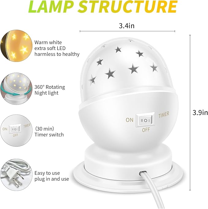 Nursery Night Light,Rotating Star Projector,Nursery Ceiling Light Projector with Timer,1Pack,3000K,White