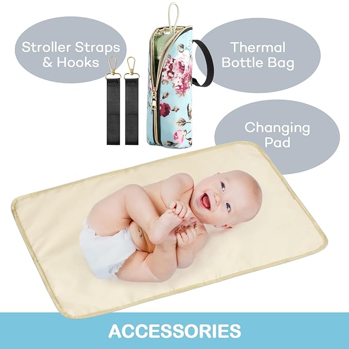 LitBear Diaper Bag Backpack, Large Capacity Multifunction Nappy Bags, Waterproof Baby Bag Floral Insulated Sturdy Travel Maternity Back Pack for Baby Girls with Diaper Pad Bottle Bag (Rose Flower)