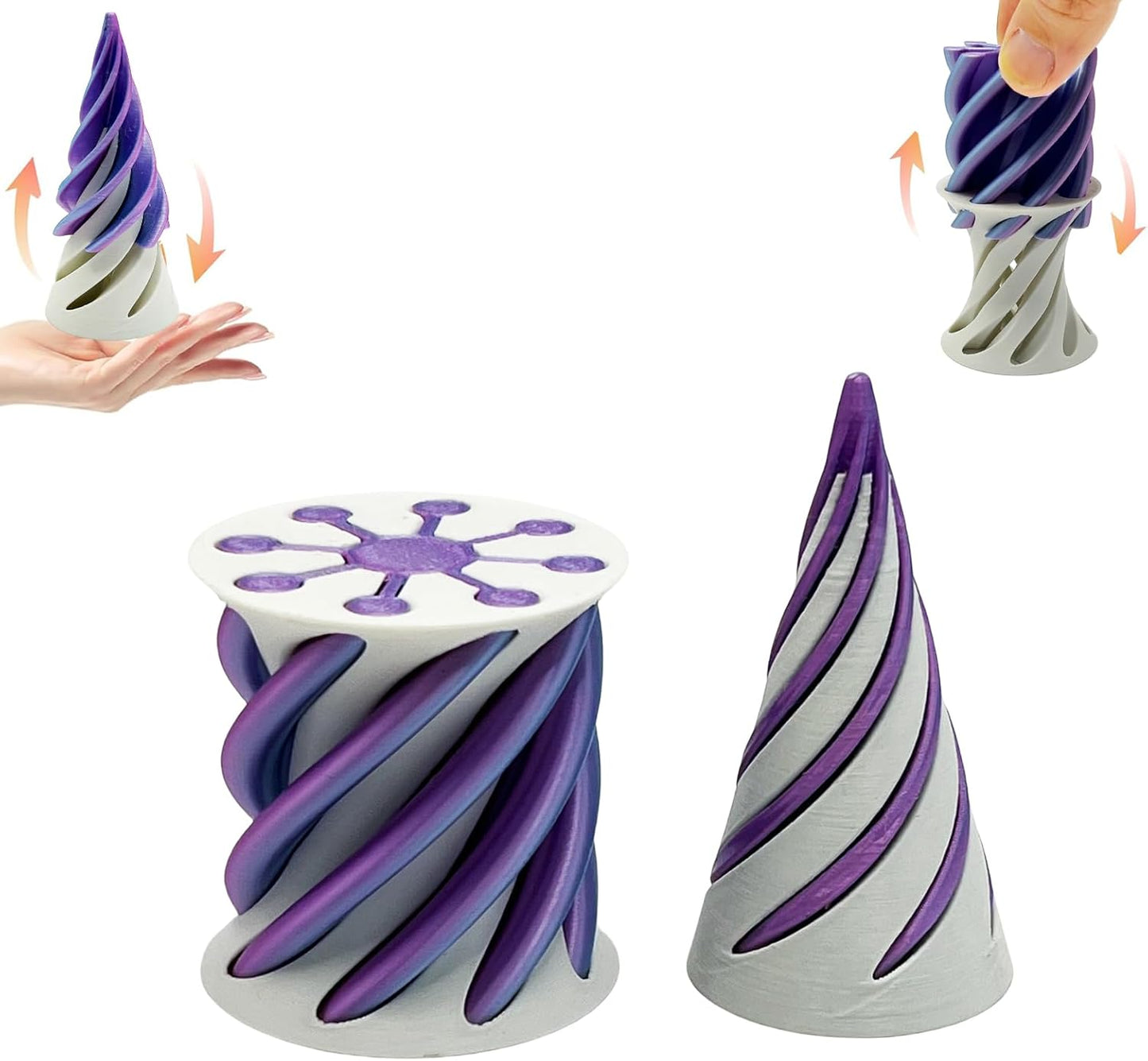 Impossible Pyramid Passthrough Sculpture - 2Pcs 3D Printed Spiral Cone Fidget Toy, Stress and Anxiety Relief Toy, Pass Through Pyramid Fidget Toy for Adult Children (Purple)