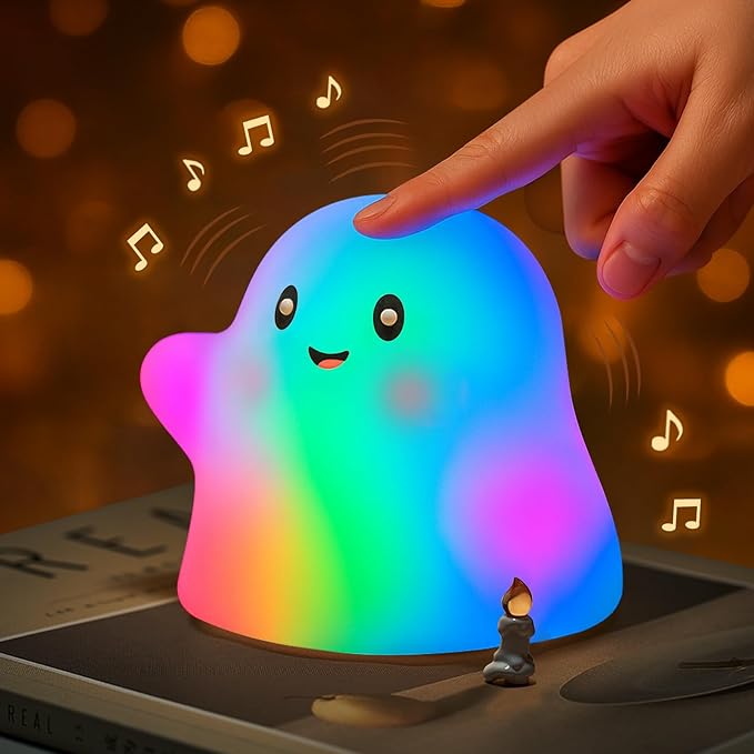 RGB Ghost Night Light – Color-Changing Tap Control Fun Toy for Kids, Soft Squishy Silicone Lamp with Sounds, Dimmable Rechargeable Bedside & Table Lamp, Funny Gift for Boys & Girls