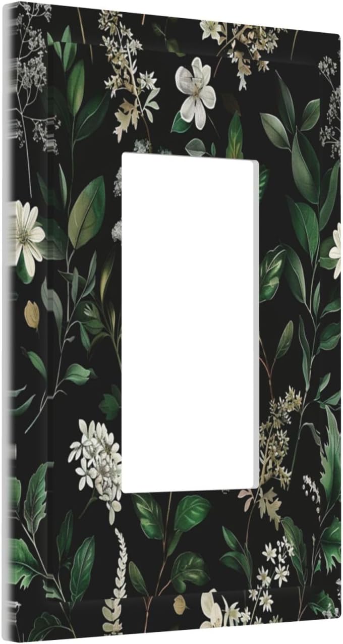 Decorative Outlet Covers Rustic Green Leaves White Flower 1 Gang Single Decora GFCI Device Light Switch Covers Plate 1 Rocker Wall Plate Jumbo Faceplate for Country Bedroom Home Decor