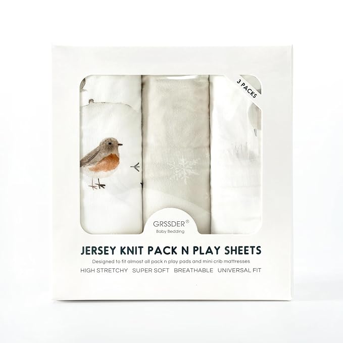 Stretchy Ultra Soft Jersey Knit Pack and Play Sheets Set 3 Pack, Portable/Mini Crib Sheets for Boys and Girls, Universal Fit for Pack N Plays Safe and Snug, Cute Watercolor Cows and Birds Print