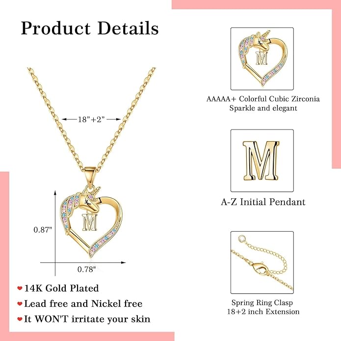 Hidepoo Unicorn Necklace Gifts for Girls - 14K-Gold-Plated Colorful CZ Heart Necklace Girls Jewelry Initial Unicorn Necklaces for Girl Birthday Gifts