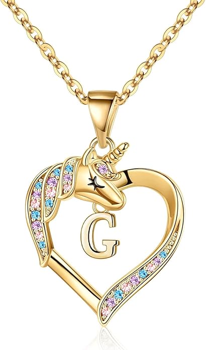 Hidepoo Unicorn Necklace Gifts for Girls - 14K-Gold-Plated Colorful CZ Heart Necklace Girls Jewelry Initial Unicorn Necklaces for Girl Birthday Gifts