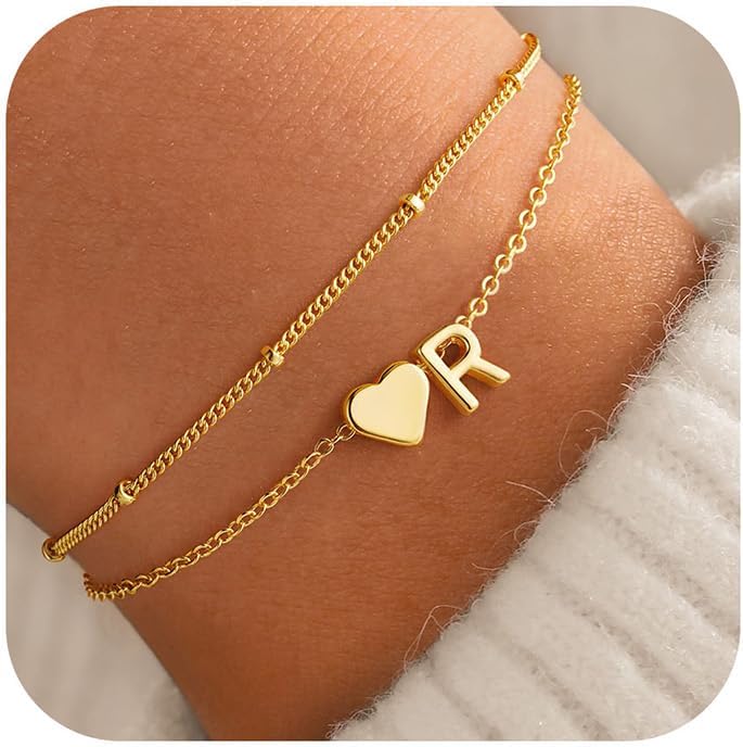 M MOOHAM Initial Heart Bracelets for Women - Layered Dainty 14K-Gold-Plated Heart Letter A-Z Charm Bracelets for Women, Chain Link Charm Bracelets Beaded Bracelets Birthday Gifts Womens Jewelry