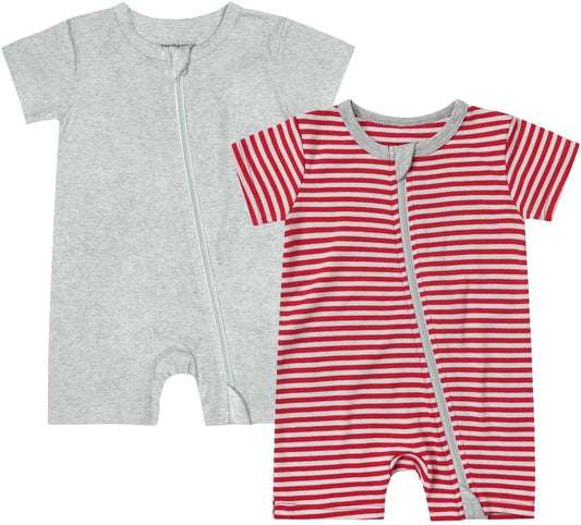 Teach Leanbh Unisex Baby 2 Pack Pajamas Cotton Short Sleeve 2 Way Zipper Stripe Soild Romper Jumpsuit Sleep and Play