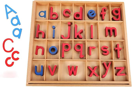 JE JOUE Montessori Letter Work Learning Materials Wooden Small moveable Alphabet Language Objects with Box (Red & Blue)