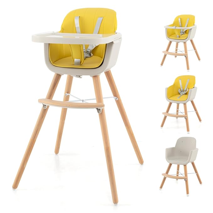 HONEY JOY High Chair, 3-in-1 Eat & Grow Wooden Highchair/Booster Seat/Toddler Chair with Removable Tray, 5-Point Harness, PU Cushion and Footrest for Baby, High Chair for Babies and Toddlers Yellow