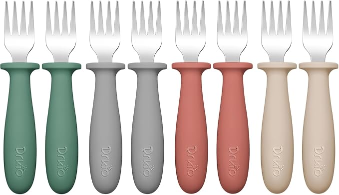DRKIO 8 Pieces Toddler Forks Set - Baby Forks with Silicone Handle Children safe 18/8 Stainless Steel Toddler Utensils Set for Self Feeding Kids Silverware Anti-Choke Design Food Grade Dishwasher Safe