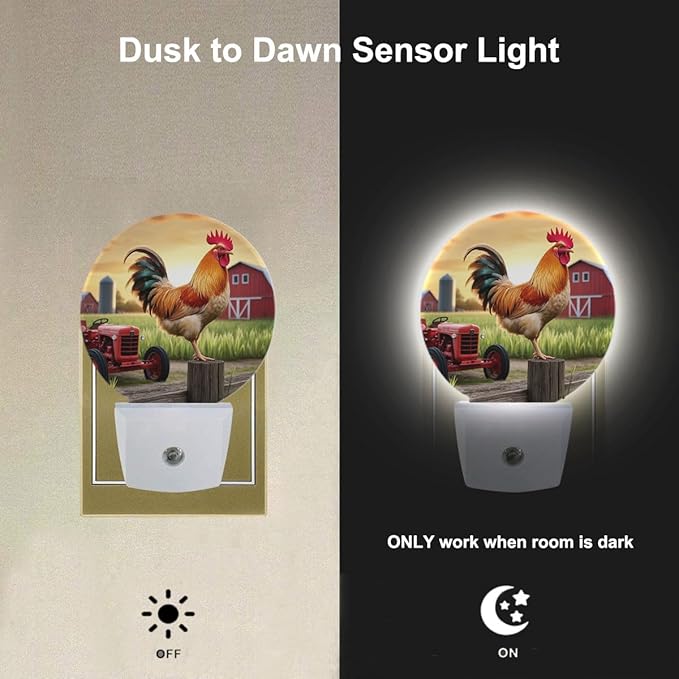 EKOBLA Rooster Night Lights Plug into Wall Rustic Cock Standing on The Fence Farm Animal Led Night Light for Boys Girls Room, Dusk to Dawn Sensor Nightlight for Stairway Hallway Kitchen