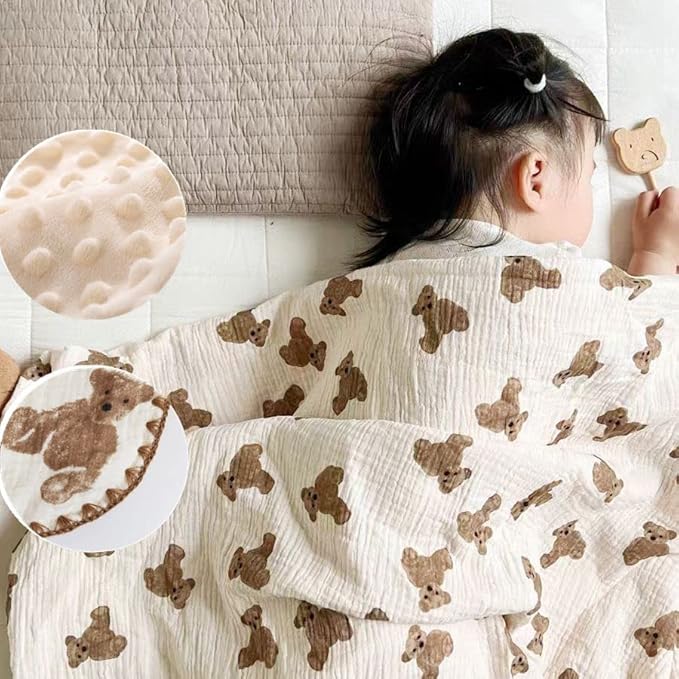 Baby Blanket Double Layer Cotton Muslin Thick Quilt Neutral 40x40Inch Soft Throw Blanket Bear Pattern