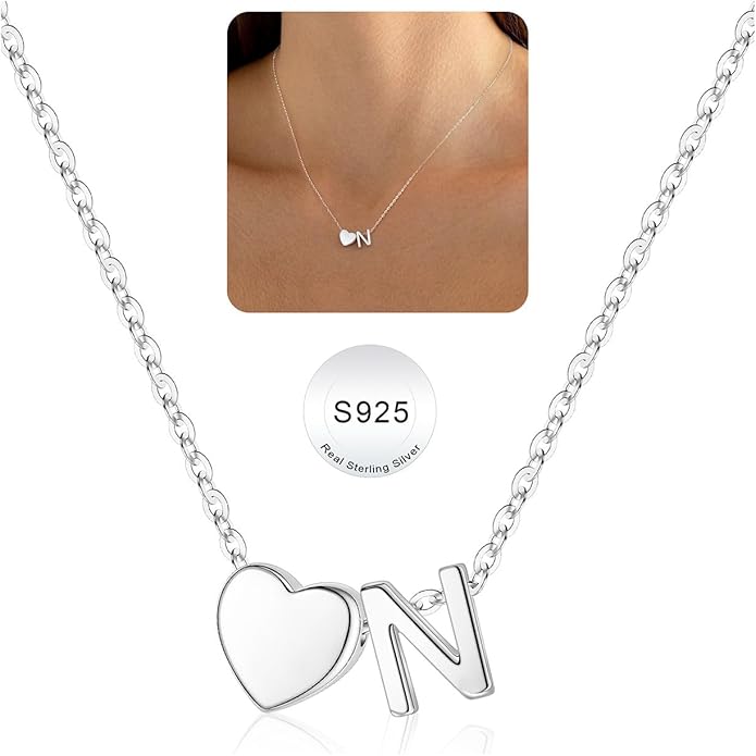 Turandoss S925 Sterling Silver Heart Initial Necklaces for Girls Teen Girls, Dainty S925 Sterling Silver Tiny Heart Initial Necklace Letter Necklaces Trendy Jewelry Gifts for Girls Teen Girls