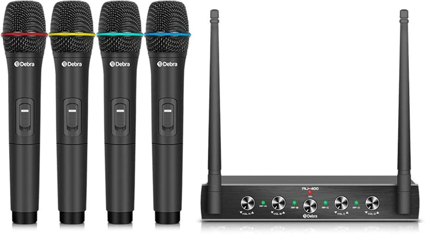 Debra Audio Pro UHF 4 Channel Wireless Microphone System with Cordless Handheld Lavalier Headset Mics, Metal Receiver, Ideal for Karaoke Church Party (with 4 Handheld (B))