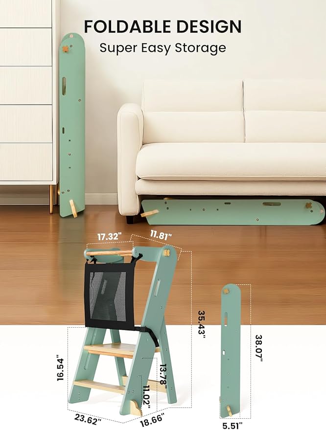 GROWNSY Foldable Step Stool Toddler Tower, Toddler Kitchen Stool Helper, Collapsible Kids Standing Learning Tower with 3 Adjustable Heights and Safety Net for Kitchen Bathroom Sink Counter (Green)