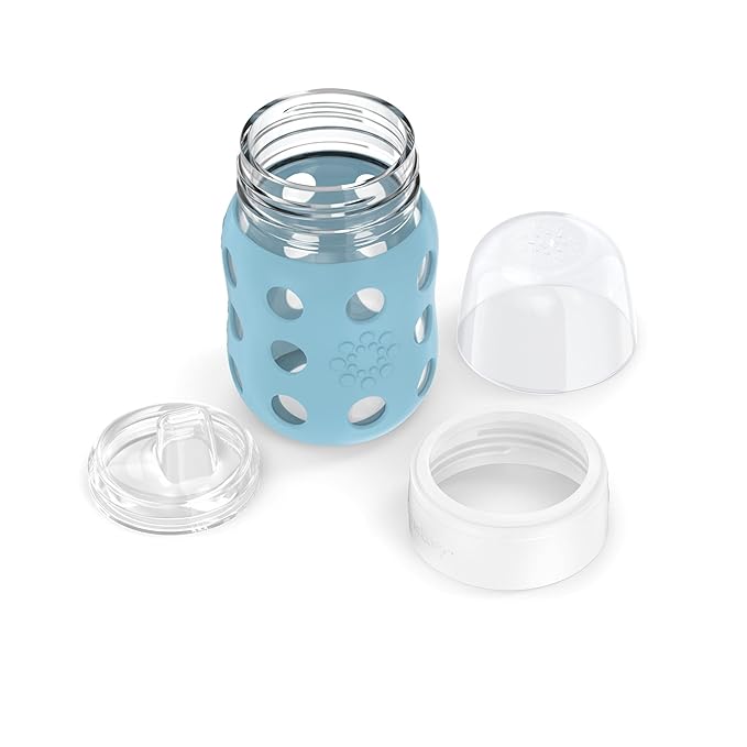 Lifefactory 8-Ounce Wide Neck Glass Baby Bottle with Protective Silicone Sleeve and Sippy Spout, Denim (LG2251WDE4)