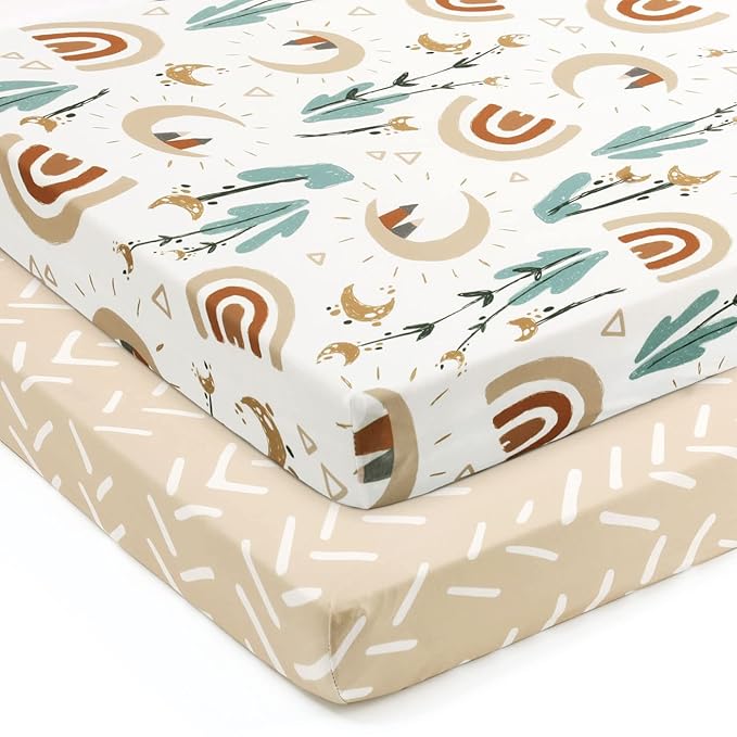 GRSSDER Stretchy Pack and Play Sheets, Ultra Soft Jersey Knit Fitted Pack n Play Sheets Set 2 Pack, Portable/Mini Cribs Sheets for Girls and Boys, Rainbow Pattern