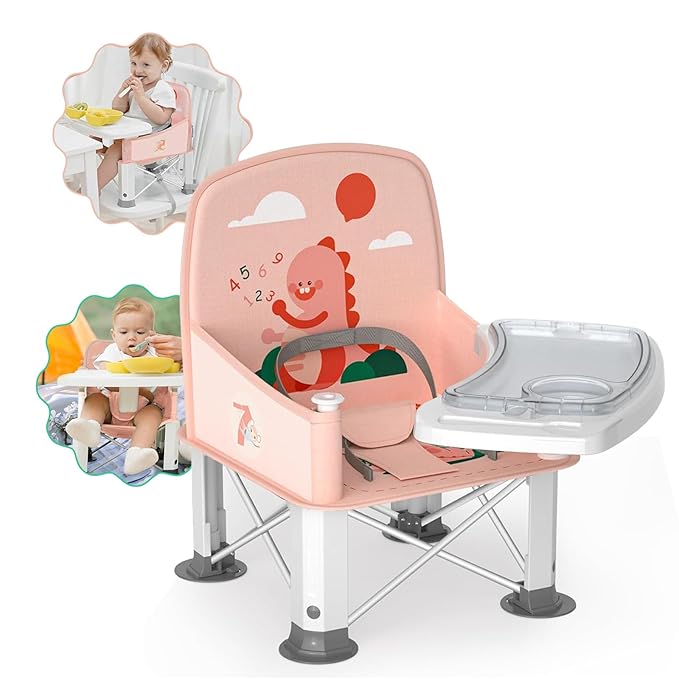 Baby Travel Booster Seat with Double Tray, BabyBond Upgraded Toddler Portable Baby Chair, Booster Seat for Dining Table, Stable and Foldable Booster Baby Chair for Indoor/Outdoor (Pink Dinosaur)