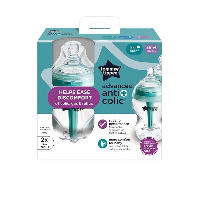 Tommee Tippee Advanced Anti-Colic 9 oz BPA Free Baby Bottles, Newborn 0+ Months, Slow Flow Breast-Like Nipple, Unique Design Keeps Air Away from Milk and Baby, Clear, Pack of 2