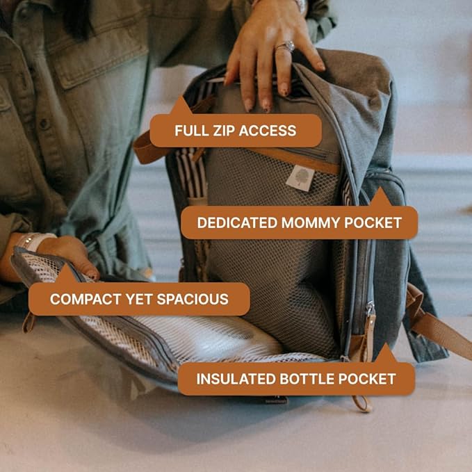 Parker Baby Diaper Backpack - Full Zip Diaper Bag with Insulated Pockets - Gray