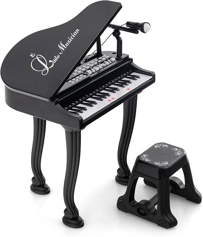 HONEY JOY Classical Kids Mini Grand Piano w/ Music Stand & Stool, Portable Electronic Piano Educational Musical Instrument Toy w/ Microphone, Lights, Gift for Kids (Black, 37 Keys)