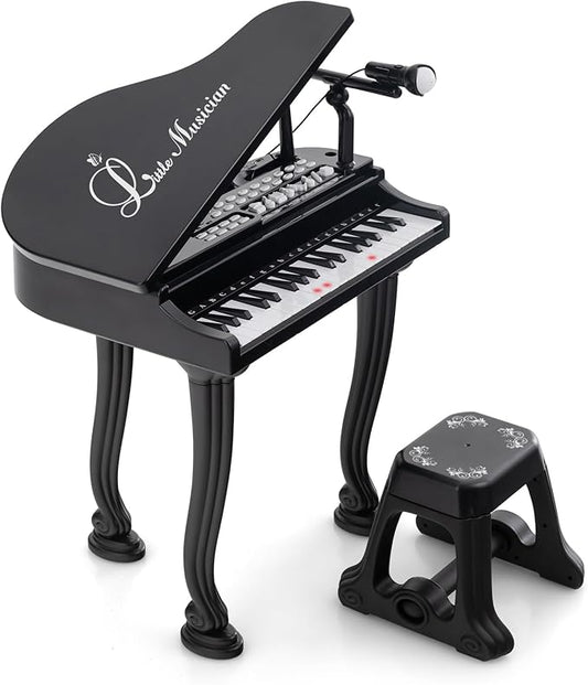 HONEY JOY Classical Kids Mini Grand Piano w/ Music Stand & Stool, Portable Electronic Piano Educational Musical Instrument Toy w/ Microphone, Lights, Gift for Kids (Black, 37 Keys)