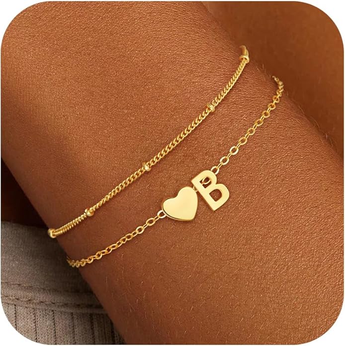 Gold Initial Bracelets for Women Girls - 14K Gold Plated Heart Initial Bracelet Teen Girl Gifts Trendy Stuff Dainty Gold Bracelets for Women Girls Trendy Jewelry Gifts