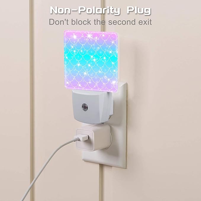Pink Teal Mermaid Scales Night Light, Rainbow Glitter Fish Scale Dusk to Dawn Night Light Plug in,0.5w Energy Saving Sleep Friendly NightLight for Kids Boys Girls Home Decor