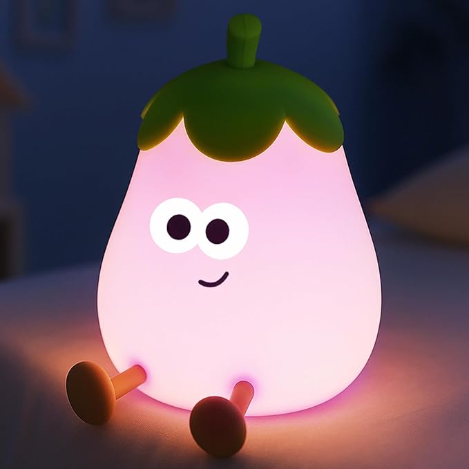 Eggplant Night Light for Kids, Nursery Night Lights, Bedside Touch Lamp, Cute Silicone Nightlight for Baby Toddler, 3 Level Dimmable Soft Night Lamps Gift for Bedroom Kids Room Decor