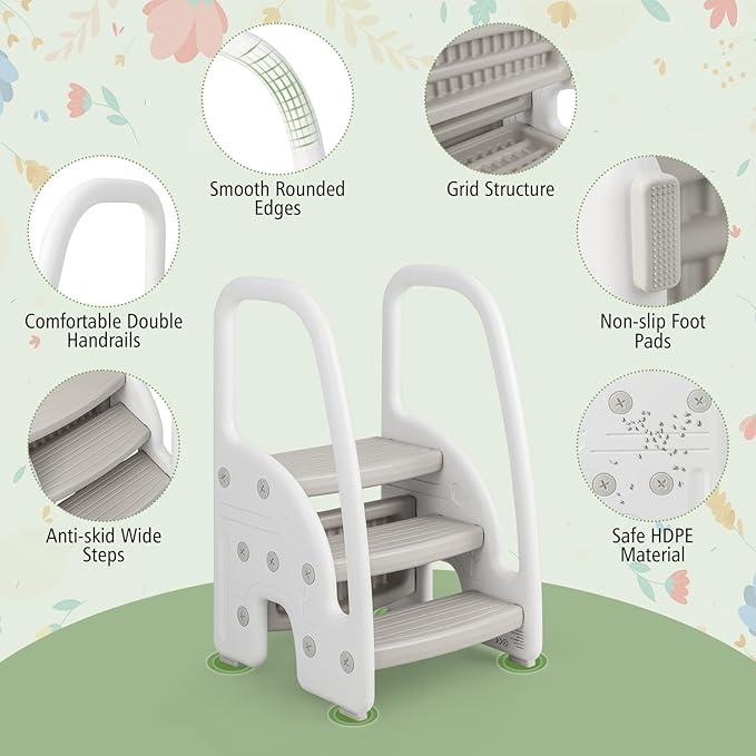 HONEY JOY Kitchen Step Stool for Toddlers, Children Plastic Tower Helper w/Handrails for Bathroom Sink, Toilet Potty Training, Adjustable 3 Step Kids Learning Standing Tower for Kitchen Counter(Gray)