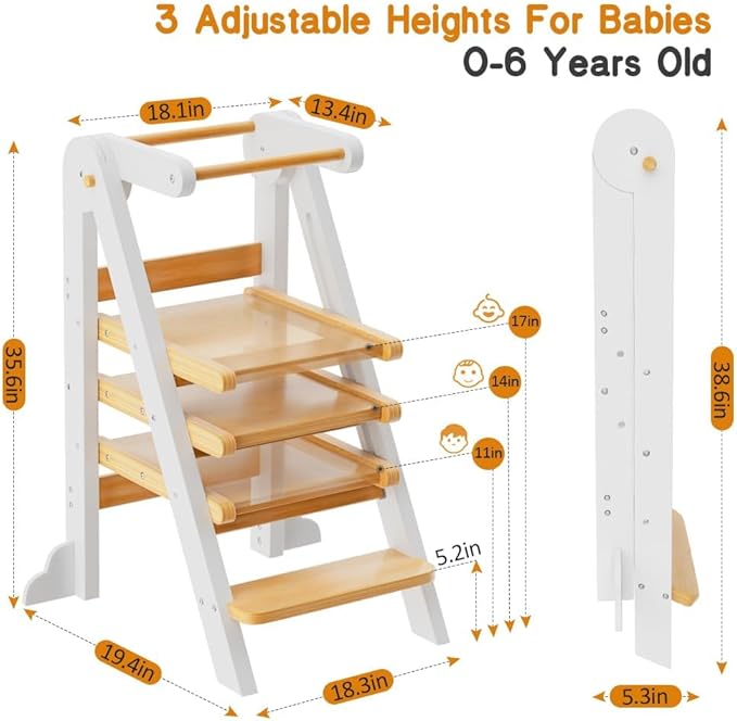 Toddler Tower, Foldable Step Stool for Toddlers, Toddler Kitchen Stool Helper with 3 Adjustable Height Safty Rail and Anti-Tip Structure, Learning Tower for Toddlers Baby Kids