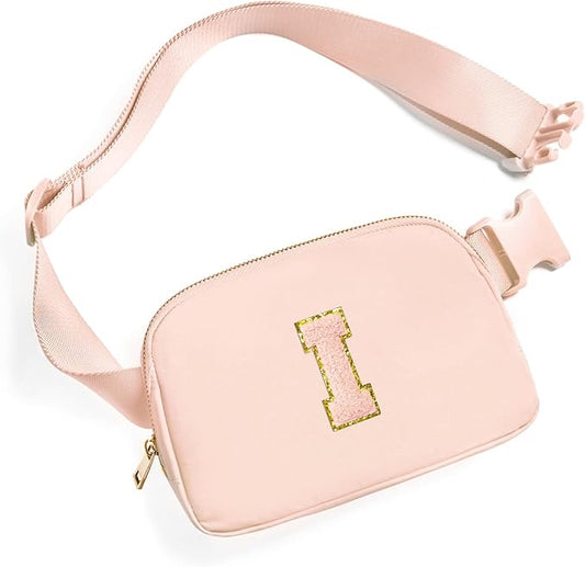 Gitus Gifts for 8 9 10 11 12 Year Old Girls Belt Bag Fanny Pack Crossbody Bags with Initial Letter Patch Cute Stuff Birthday Gifts for Teen Girls Women Personalized Trend Stuff (Coral Pink-I)