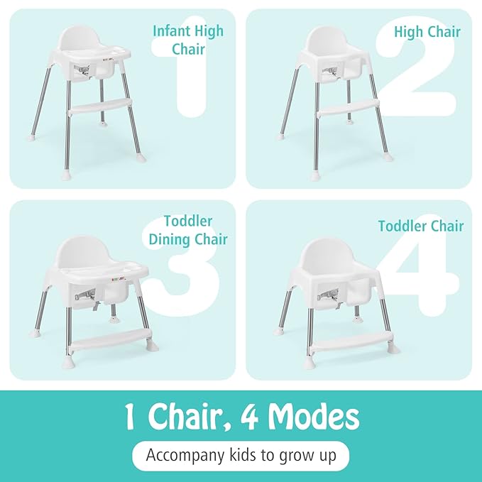 BABY JOY Baby High Chair, 4 in 1 Convertible Highchair for Babies & Toddlers with Adjustable Legs, Double Removable Tray, Safety Harness & Footrest (White)