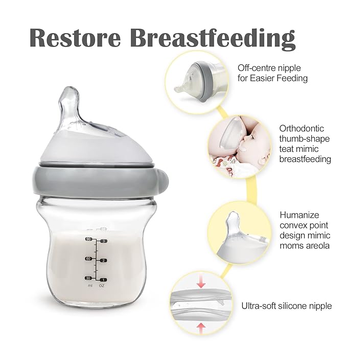 haakaa Gen.3 Natural Glass Baby Bottle Set 4.2oz & 6oz - Wide Neck Anti-Colic Slow Varibale Flow Nipple, 0M+ 3M+ 6M+ Breastfed Babies