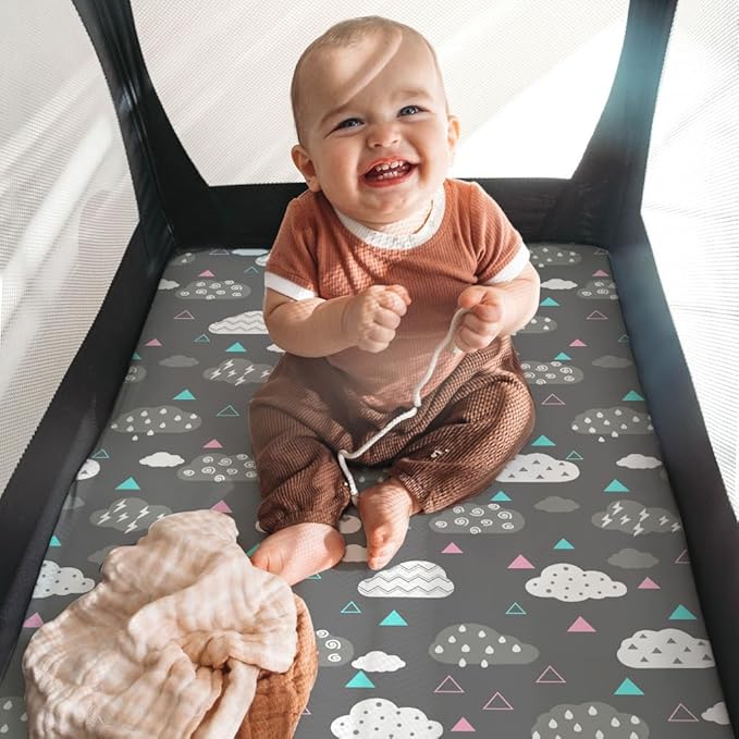Pack n Play Sheets, BROLEX 2 Pack Mini Crib Sheets,Stretchy Portable Fitted Playard Sheet Set, Convertible Playard Mattress Cover,Ultra Soft Breathable Material,Whale Cloud