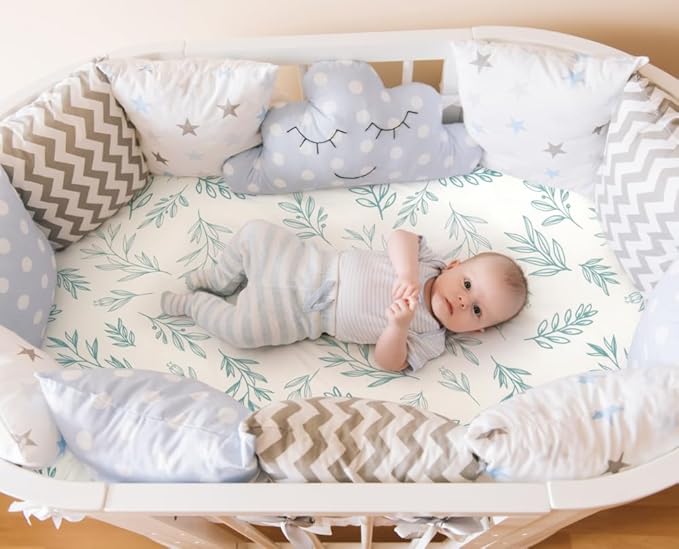 4 Pack Sage Green Fitted Nursery Sheets Breathable Neutral Unisex Baby Sheets for Boys or Girls with Leaf and Flower Design (Bassinet)