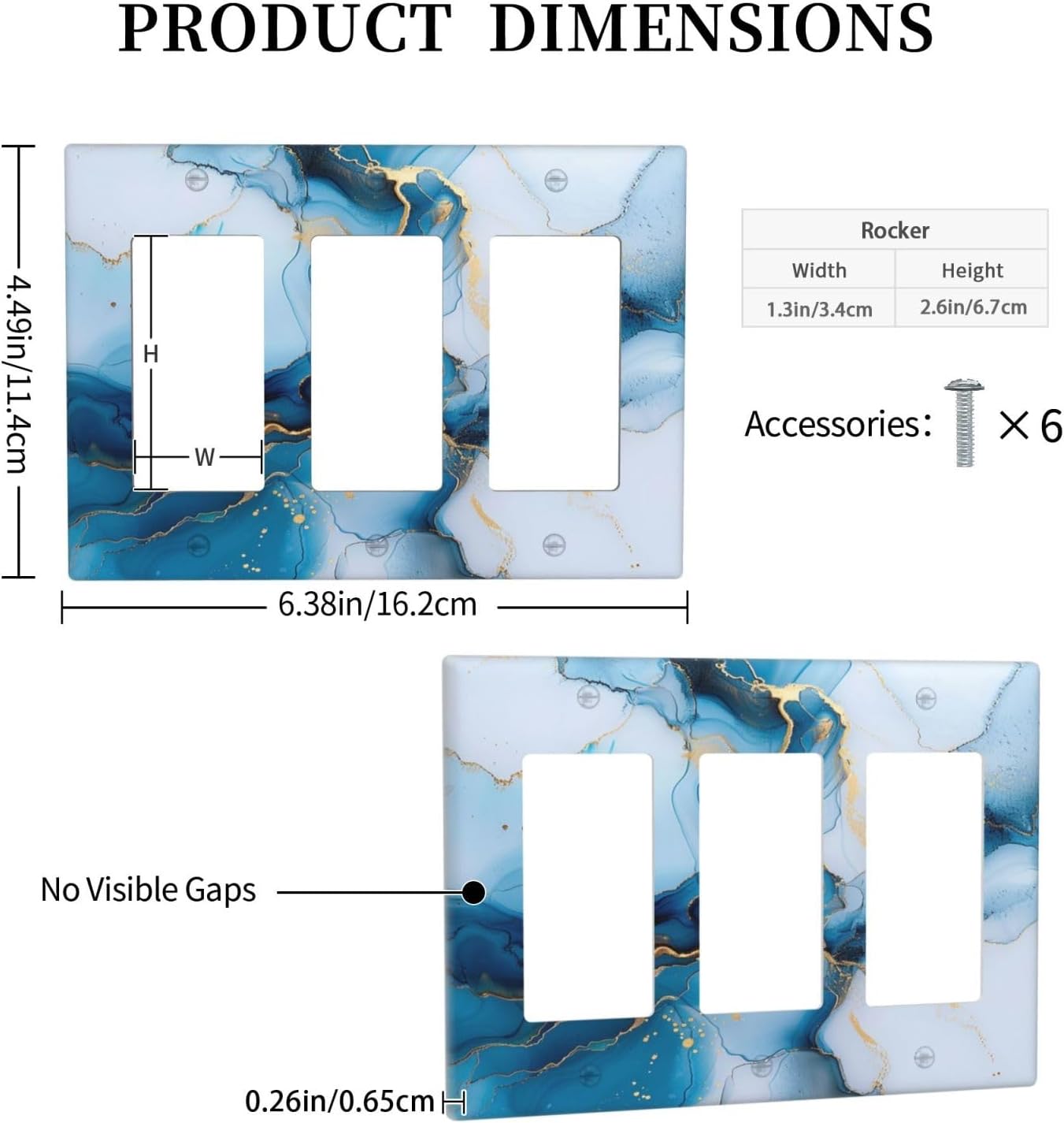 Decorative Outlet Covers Modern Abstract Blue Gold Line Marble 3 Gang Wall Plate Triple Rocker Light Switch Cover Plate Jumbo Electrical GFCI Faceplate for Kitchen Bedroom Home Decor