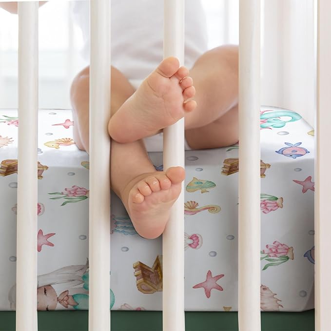 Watercolor Mermaids Baby Crib Sheets 52''x28'' Ocean Animals Fish Sea Horse Jellyfish Conch Coral Stretchy Fitted Crib Mattress Cover for Boy Girl Soft Bed Sheets for Standard Crib Toddler Mattress