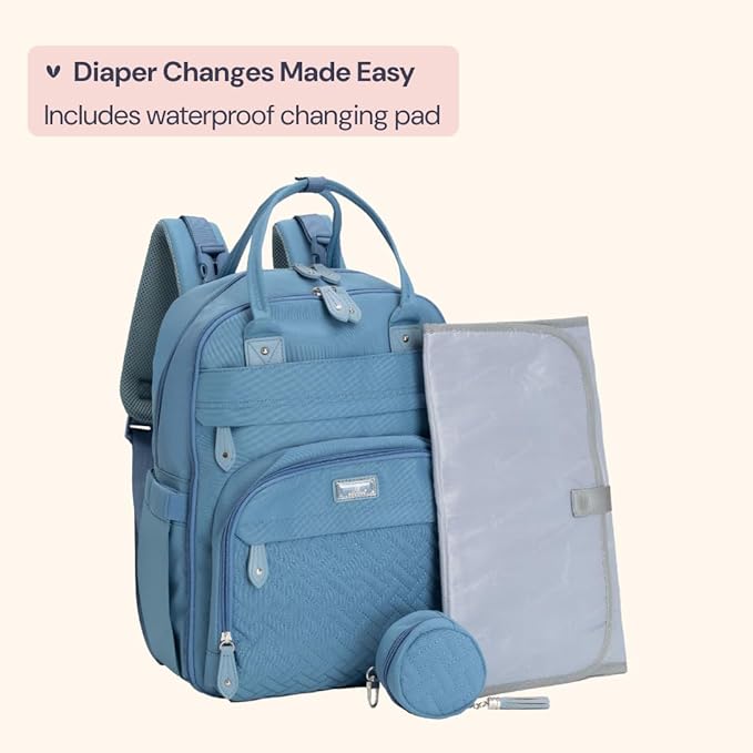 BabbleRoo Diaper Bag Backpack - Baby Essentials Travel Tote - Multi function Water Resistant Diaper Bag, Travel Essentials Baby Bag with Changing Pad, Stroller Straps & Pacifier Case - Light Blue