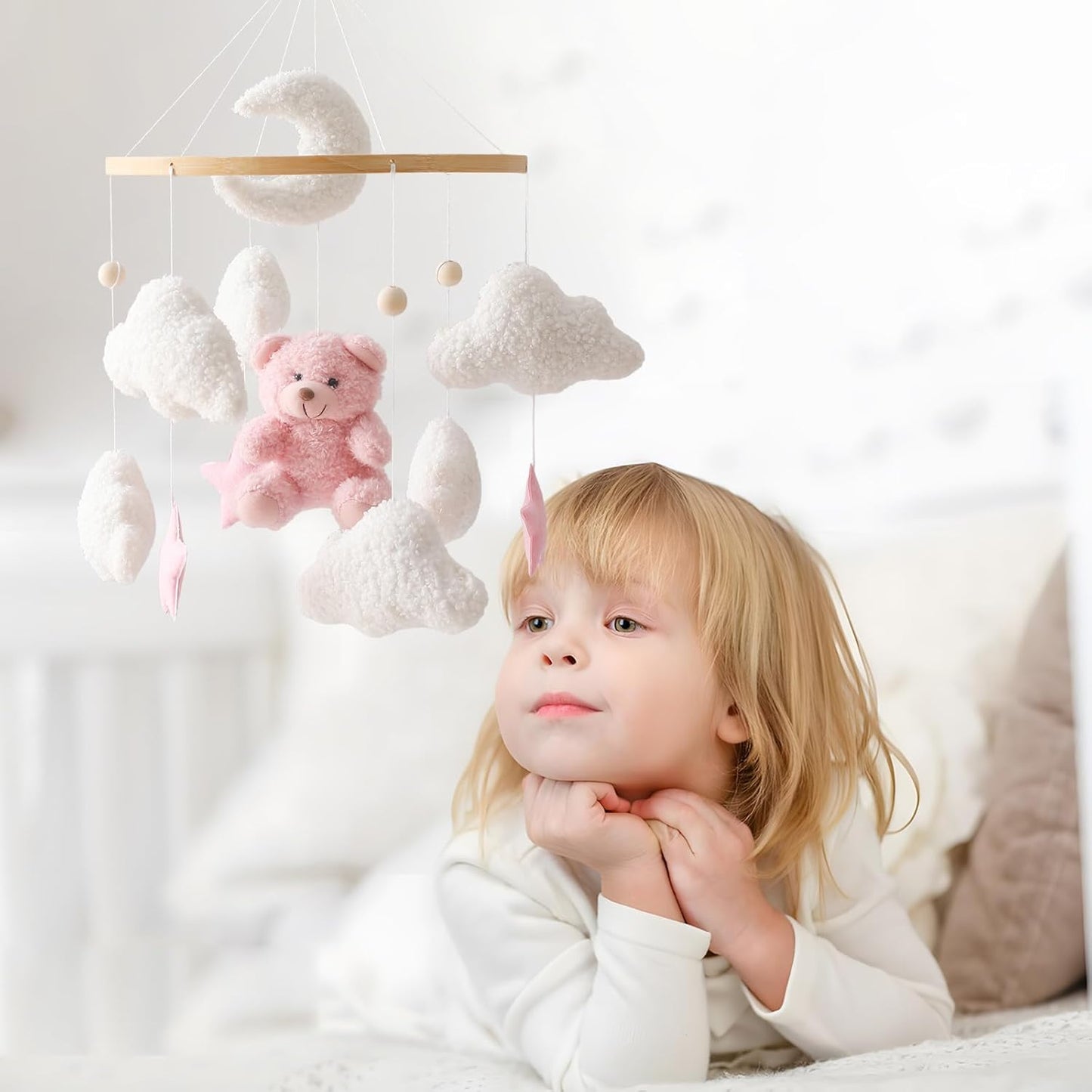 EERKEOD Baby Crib Mobile Bear Nursery Mobile for Boys Girls Teddy Velvet Mobile Nursery Decor for Infant Bedroom Hanging Baby Mobile for Bassinet Newborn Baby Gift（Pink Bear）