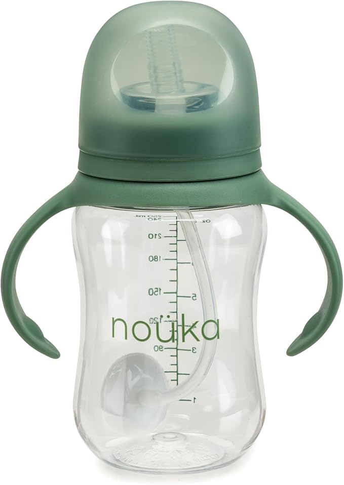 nouka Tritan Plastic Transitional Sippy Cup with Weighted Straw | Leak Proof and Easy Grip | Removable Handles | Fern