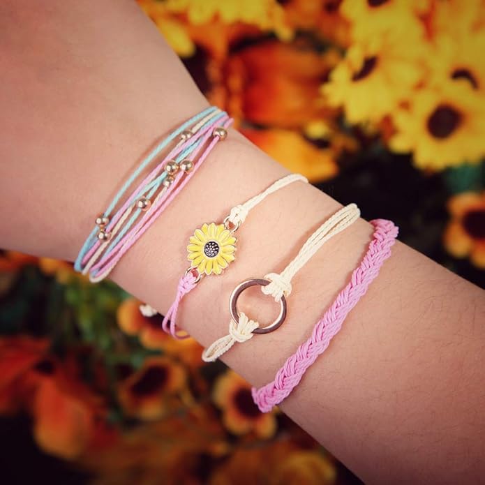 FANCY SHINY Sunflower String Bracelet Boho Braided Rope Wrap Bracelets Cute Summer Beach Surfer Jewelry for Women Christmas Gifts